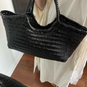 Leather Black Woven Tote Bag